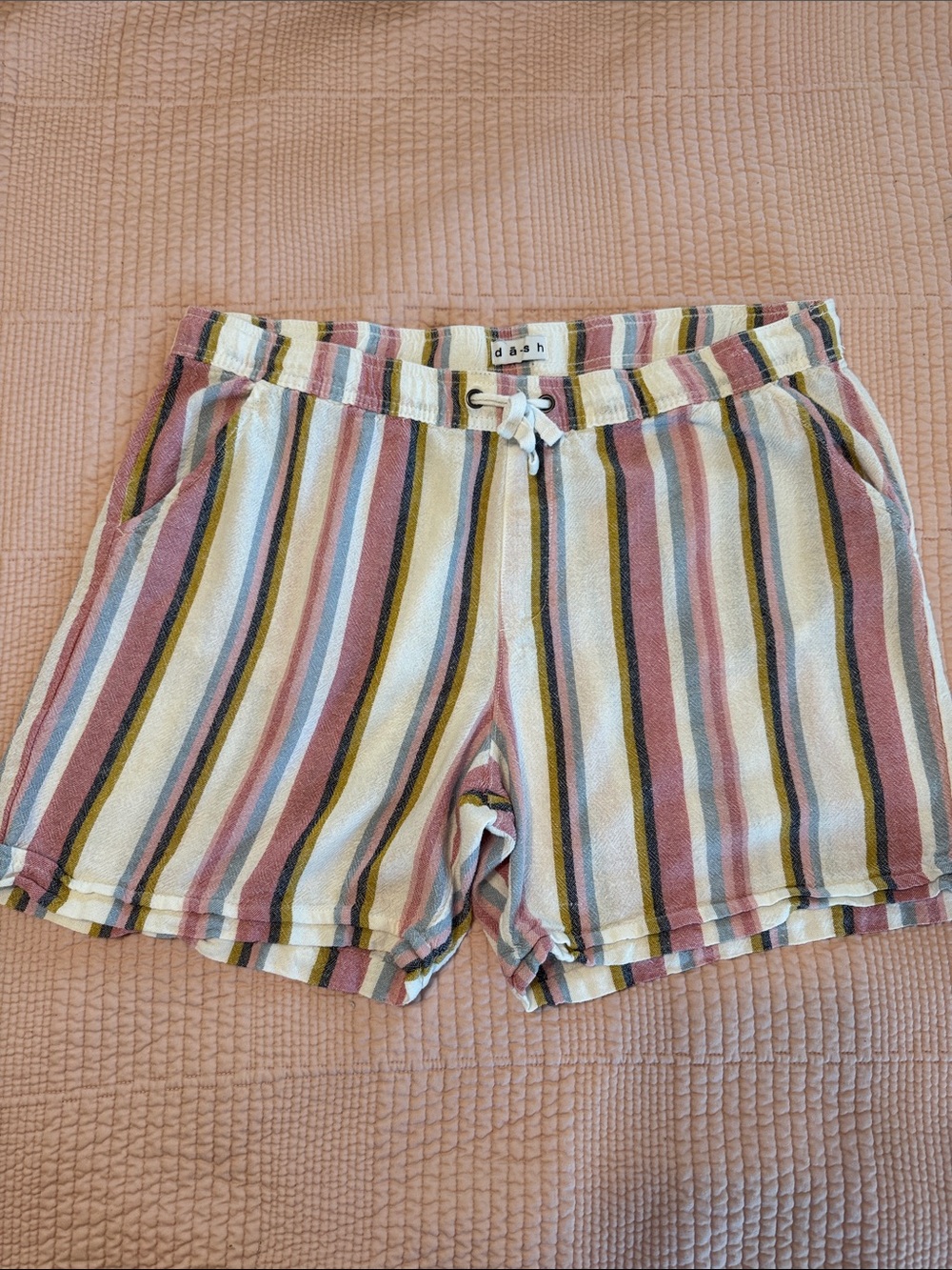 Dash Striped Drawstring Bermuda Shorts Pink Blue Yellow Linen Blend Casual